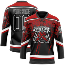 Laden Sie das Bild in den Galerie-Viewer, Uksn Individuelles Schwarz Rot-Weiß 3D-Splash Eishockey-Trikot mit Schnürkragen