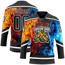 Laden Sie das Bild in den Galerie-Viewer, Uksn Individuelles Schwarz Weiß 3D-Flammen Eishockey-Trikot mit Schnürkragen