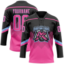 Laden Sie das Bild in den Galerie-Viewer, Uksn Individuelles Schwarz Pink-Hellblau 3D-Muster verlaufende Quadratformen Eishockey-Trikot mit Schnürkragen