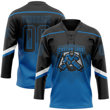 Laden Sie das Bild in den Galerie-Viewer, Uksn Individuelles Schwarz Blau-Weiß 3D-Muster verlaufende Quadratformen Eishockey-Trikot mit Schnürkragen
