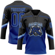 Laden Sie das Bild in den Galerie-Viewer, Uksn Individuelles Schwarz Royalblau-Hellblau 3D-Muster verlaufende Quadratformen Eishockey-Trikot mit Schnürkragen