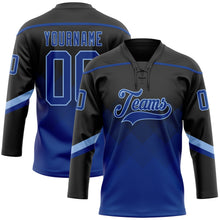 Laden Sie das Bild in den Galerie-Viewer, Uksn Individuelles Schwarz Royalblau-Hellblau 3D-Muster verlaufende Quadratformen Eishockey-Trikot mit Schnürkragen
