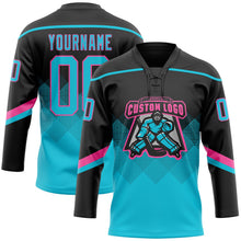 Laden Sie das Bild in den Galerie-Viewer, Uksn Individuelles Schwarz Lakes Blau-Pink 3D-Muster verlaufende Quadratformen Eishockey-Trikot mit Schnürkragen