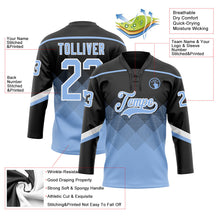 Laden Sie das Bild in den Galerie-Viewer, Uksn Individuelles Schwarz Hellblau-Weiß 3D-Muster verlaufende Quadratformen Eishockey-Trikot mit Schnürkragen