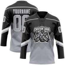 Laden Sie das Bild in den Galerie-Viewer, Uksn Individuelles Schwarz Grau-Weiß 3D-Muster verlaufende Quadratformen Eishockey-Trikot mit Schnürkragen
