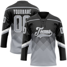Laden Sie das Bild in den Galerie-Viewer, Uksn Individuelles Schwarz Grau-Weiß 3D-Muster verlaufende Quadratformen Eishockey-Trikot mit Schnürkragen