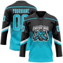 Laden Sie das Bild in den Galerie-Viewer, Uksn Individuelles Schwarz Lakes Blau-Weiß 3D-Muster verlaufende Quadratformen Eishockey-Trikot mit Schnürkragen