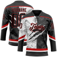 Laden Sie das Bild in den Galerie-Viewer, Uksn Individuelles Schwarz Weiß-Rot 3D-Muster Verlaufsdesign-Kratzer Eishockey-Trikot mit Schnürkragen