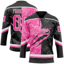 Laden Sie das Bild in den Galerie-Viewer, Uksn Individuelles Schwarz Pink-Weiß 3D-Muster Verlaufsdesign-Kratzer Eishockey-Trikot mit Schnürkragen
