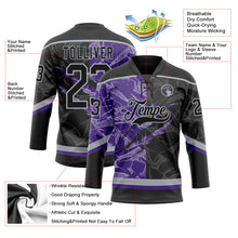 Laden Sie das Bild in den Galerie-Viewer, Uksn Individuelles Schwarz Violett-Grau 3D-Muster Verlaufsdesign-Kratzer Eishockey-Trikot mit Schnürkragen