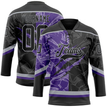 Laden Sie das Bild in den Galerie-Viewer, Uksn Individuelles Schwarz Violett-Grau 3D-Muster Verlaufsdesign-Kratzer Eishockey-Trikot mit Schnürkragen