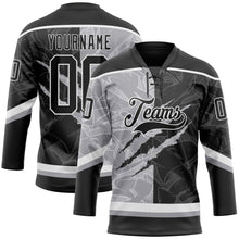 Laden Sie das Bild in den Galerie-Viewer, Uksn Individuelles Schwarz Grau-Weiß 3D-Muster Verlaufsdesign-Kratzer Eishockey-Trikot mit Schnürkragen