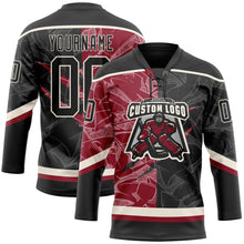 Laden Sie das Bild in den Galerie-Viewer, Uksn Individuelles Schwarz Karmesinrot-Creme 3D-Muster Verlaufsdesign-Kratzer Eishockey-Trikot mit Schnürkragen