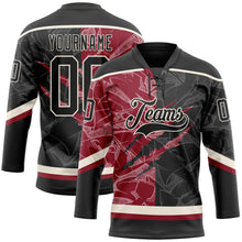 Laden Sie das Bild in den Galerie-Viewer, Uksn Individuelles Schwarz Karmesinrot-Creme 3D-Muster Verlaufsdesign-Kratzer Eishockey-Trikot mit Schnürkragen