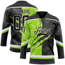 Laden Sie das Bild in den Galerie-Viewer, Uksn Individuelles Schwarz Neongrün-Weiß 3D-Muster Verlaufsdesign-Kratzer Eishockey-Trikot mit Schnürkragen