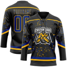 Laden Sie das Bild in den Galerie-Viewer, Uksn Individuelles Schwarz Royalblau-Gold 3D-Muster Fragment-Art Eishockey-Trikot mit Schnürkragen