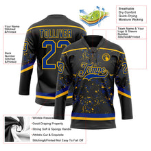Laden Sie das Bild in den Galerie-Viewer, Uksn Individuelles Schwarz Royalblau-Gold 3D-Muster Fragment-Art Eishockey-Trikot mit Schnürkragen