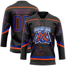 Laden Sie das Bild in den Galerie-Viewer, Uksn Individuelles Schwarz Royalblau-Orange 3D-Muster Fragment-Art Eishockey-Trikot mit Schnürkragen