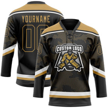 Laden Sie das Bild in den Galerie-Viewer, Uksn Individuelles Schwarz Altgold-Weiß 3D-Muster Kurvenlinien Eishockey-Trikot mit Schnürkragen
