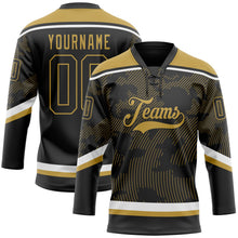Laden Sie das Bild in den Galerie-Viewer, Uksn Individuelles Schwarz Altgold-Weiß 3D-Muster Kurvenlinien Eishockey-Trikot mit Schnürkragen