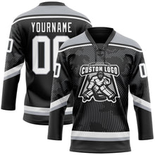 Laden Sie das Bild in den Galerie-Viewer, Uksn Individuelles Schwarz Weiß-Grau 3D-Muster Kurvenlinien Eishockey-Trikot mit Schnürkragen