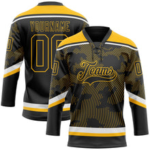 Laden Sie das Bild in den Galerie-Viewer, Uksn Individuelles Schwarz Gold-Weiß 3D-Muster Kurvenlinien Eishockey-Trikot mit Schnürkragen