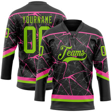 Laden Sie das Bild in den Galerie-Viewer, Uksn Individuelles Schwarz Neongrün-Pink 3D-Muster abstraktes Netzwerk Eishockey-Trikot mit Schnürkragen