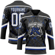 Laden Sie das Bild in den Galerie-Viewer, Uksn Individuelles Schwarz Weiß-Royalblau 3D-Muster abstraktes Netzwerk Eishockey-Trikot mit Schnürkragen