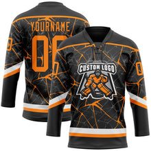 Laden Sie das Bild in den Galerie-Viewer, Uksn Individuelles Schwarz Bay Orange-Weiß 3D-Muster abstraktes Netzwerk Eishockey-Trikot mit Schnürkragen