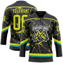 Laden Sie das Bild in den Galerie-Viewer, Uksn Individuelles Schwarz Neongelb-Petrol 3D-Muster abstraktes Netzwerk Eishockey-Trikot mit Schnürkragen