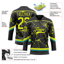 Laden Sie das Bild in den Galerie-Viewer, Uksn Individuelles Schwarz Neongelb-Petrol 3D-Muster abstraktes Netzwerk Eishockey-Trikot mit Schnürkragen