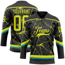 Laden Sie das Bild in den Galerie-Viewer, Uksn Individuelles Schwarz Neongelb-Petrol 3D-Muster abstraktes Netzwerk Eishockey-Trikot mit Schnürkragen