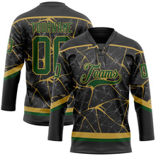 Laden Sie das Bild in den Galerie-Viewer, Uksn Individuelles Schwarz Grün-Altgold 3D-Muster abstraktes Netzwerk Eishockey-Trikot mit Schnürkragen