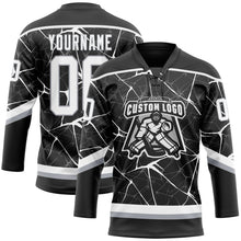 Laden Sie das Bild in den Galerie-Viewer, Uksn Individuelles Schwarz Weiß-Grau 3D-Muster abstraktes Netzwerk Eishockey-Trikot mit Schnürkragen