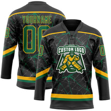 Laden Sie das Bild in den Galerie-Viewer, Uksn Individuelles Schwarz Kelly-Grün-Gold 3D-Muster abstraktes Netzwerk Eishockey-Trikot mit Schnürkragen