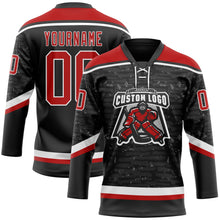 Laden Sie das Bild in den Galerie-Viewer, Uksn Individuelles Schwarz Rot-Weiß 3D-Muster Fragment-Art Eishockey-Trikot mit Schnürkragen