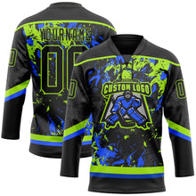 Laden Sie das Bild in den Galerie-Viewer, Uksn Individuelles Schwarz Neongrün-Royalblau 3D-Fluid-Art-Splash Eishockey-Trikot mit Schnürkragen