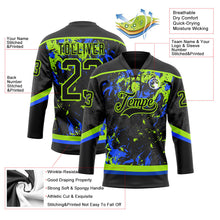 Laden Sie das Bild in den Galerie-Viewer, Uksn Individuelles Schwarz Neongrün-Royalblau 3D-Fluid-Art-Splash Eishockey-Trikot mit Schnürkragen