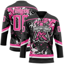 Laden Sie das Bild in den Galerie-Viewer, Uksn Individuelles Schwarz Pink-Weiß 3D-Fluid-Art-Splash Eishockey-Trikot mit Schnürkragen