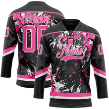 Laden Sie das Bild in den Galerie-Viewer, Uksn Individuelles Schwarz Pink-Weiß 3D-Fluid-Art-Splash Eishockey-Trikot mit Schnürkragen