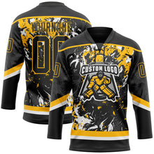 Laden Sie das Bild in den Galerie-Viewer, Uksn Individuelles Schwarz Gold-Weiß 3D-Fluid-Art-Splash Eishockey-Trikot mit Schnürkragen