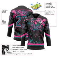 Laden Sie das Bild in den Galerie-Viewer, Uksn Individuelles Schwarz Petrol-Pink 3D-Fluid-Art-Splash Eishockey-Trikot mit Schnürkragen