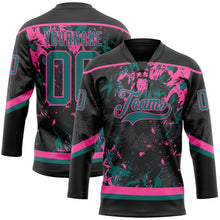 Laden Sie das Bild in den Galerie-Viewer, Uksn Individuelles Schwarz Petrol-Pink 3D-Fluid-Art-Splash Eishockey-Trikot mit Schnürkragen