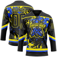 Laden Sie das Bild in den Galerie-Viewer, Uksn Individuelles Schwarz Hellgelb-Royalblau 3D-Fluid-Art-Splash Eishockey-Trikot mit Schnürkragen