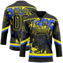 Laden Sie das Bild in den Galerie-Viewer, Uksn Individuelles Schwarz Hellgelb-Royalblau 3D-Fluid-Art-Splash Eishockey-Trikot mit Schnürkragen