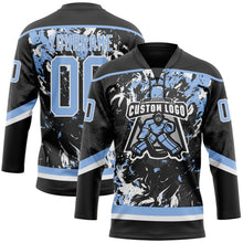 Laden Sie das Bild in den Galerie-Viewer, Uksn Individuelles Schwarz Hellblau-Weiß 3D-Fluid-Art-Splash Eishockey-Trikot mit Schnürkragen