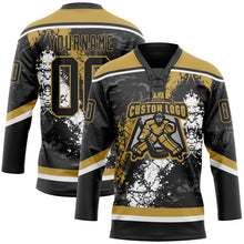 Laden Sie das Bild in den Galerie-Viewer, Uksn Individuelles Schwarz Altgold-Weiß 3D-Splash-Art Eishockey-Trikot mit Schnürkragen