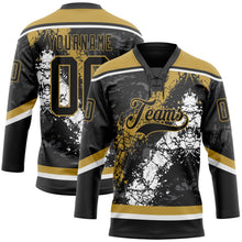 Laden Sie das Bild in den Galerie-Viewer, Uksn Individuelles Schwarz Altgold-Weiß 3D-Splash-Art Eishockey-Trikot mit Schnürkragen