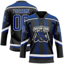 Laden Sie das Bild in den Galerie-Viewer, Uksn Individuelles Schwarz Royalblau-Weiß 3D-Muster abstrakte Formen Eishockey-Trikot mit Schnürkragen