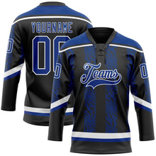 Laden Sie das Bild in den Galerie-Viewer, Uksn Individuelles Schwarz Royalblau-Weiß 3D-Muster abstrakte Formen Eishockey-Trikot mit Schnürkragen